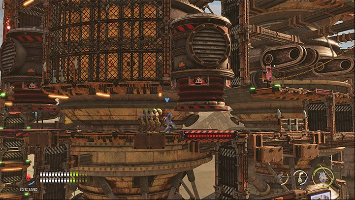 For the first time, we must avoid the traps capable of crushing the Mudokons - Oddworld Soulstorm: Reaching the top of the Fueling Tower, Phat Station - walkthrough - 6: Phat Station - Oddworld Soulstorm Guide