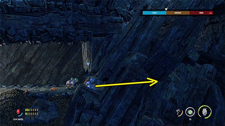 We stay in the location with the Mudokons and squeeze through the hole marked on the image - Oddworld Soulstorm: Holding Pen 10-6, Escape - guide - 13: Escape - Oddworld Soulstorm Guide