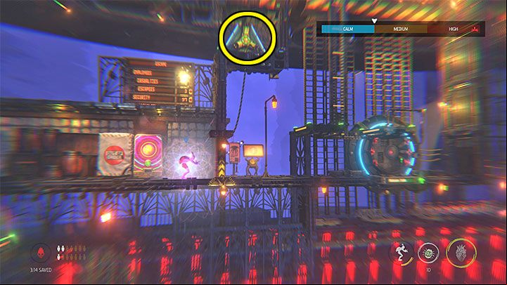 We through the destroyed enemy outpost and reach Abe's wide platform, which must a long journey into the depths of the screen - Oddworld Soulstorm: Holding Pen 10-6, Escape - guide - 13: Escape - Oddworld Soulstorm Guide