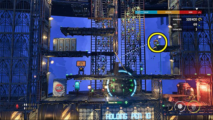 We use Rock Candy to stun the Slig that appears at the top (image above) - Oddworld Soulstorm: Holding Pen 10-6, Escape - guide - 13: Escape - Oddworld Soulstorm Guide