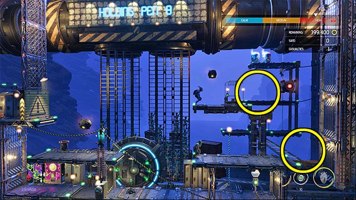 After pulling the lever, we will focus on the two areas on the right side, which we marked in the attached image - Oddworld Soulstorm: Holding Pen 10-6, Escape - guide - 13: Escape - Oddworld Soulstorm Guide