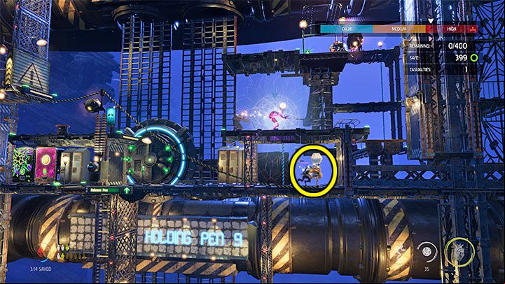 We hide with the helpers below and use possession on the lower Slig - Oddworld Soulstorm: Holding Pen 10-6, Escape - guide - 13: Escape - Oddworld Soulstorm Guide