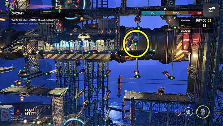 Abe needs to reach two places: first, the bottom lever (picture 1) and then, the top button (picture 2) - Oddworld Soulstorm: Holding Pen 10-6, Escape - guide - 13: Escape - Oddworld Soulstorm Guide