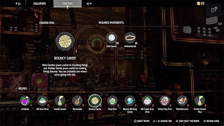 The items listed above can be used to make Bouncy Candy - Oddworld Soulstorm: Badges (challenges), Feeco Depot - list, walkthrough - 14: Feeco Depot - Oddworld Soulstorm Guide