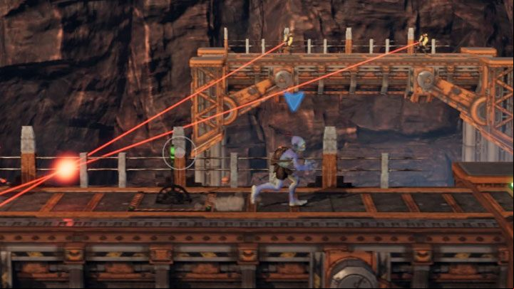 The second difficulty are snipers and your task is, of course, to avoid the red laser sights - Oddworld Soulstorm: Crossing The Gantry Channel, The Yards - walkthrough - 15: The Yards - Oddworld Soulstorm Guide