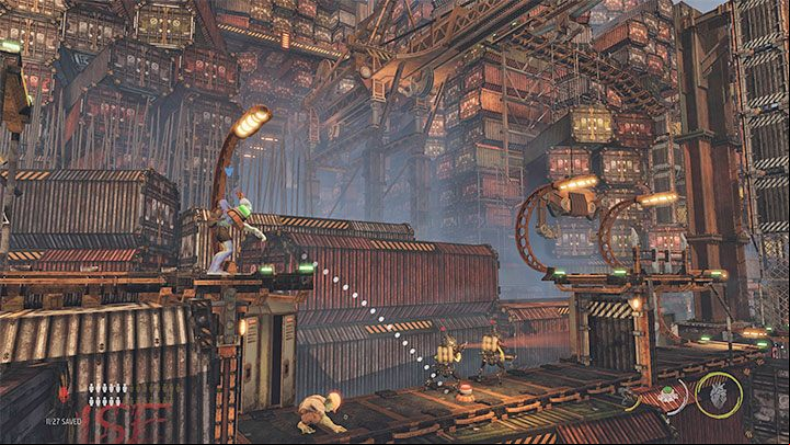 Return to the elevator area and head to the right this time - Oddworld Soulstorm: Crossing The Gantry Channel, The Yards - walkthrough - 15: The Yards - Oddworld Soulstorm Guide