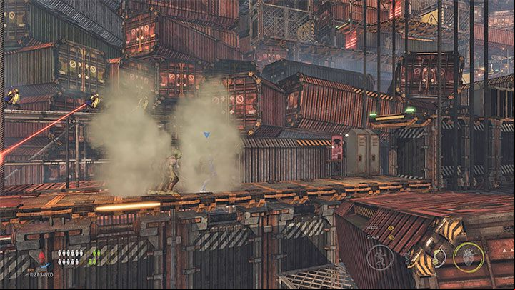 The scaffolding area is guarded by snipers - Oddworld Soulstorm: Crossing The Gantry Channel, The Yards - walkthrough - 15: The Yards - Oddworld Soulstorm Guide