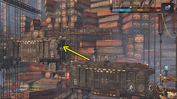 Quickly climb to the left container, sprint on its roof and jump to the edge by the middle container - Oddworld Soulstorm: Crossing The Gantry Channel, The Yards - walkthrough - 15: The Yards - Oddworld Soulstorm Guide