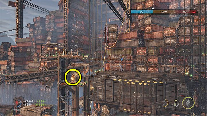 The third, left container should be at the same height as the middle one - Oddworld Soulstorm: Crossing The Gantry Channel, The Yards - walkthrough - 15: The Yards - Oddworld Soulstorm Guide