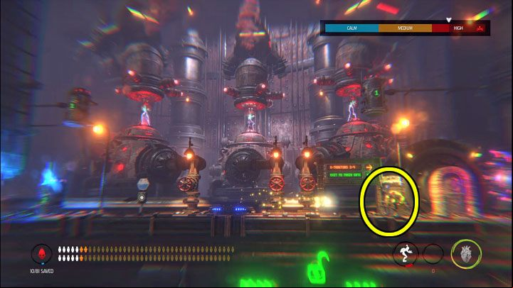 We leave the secret area, go left and take the elevator to the lower level - Oddworld Soulstorm: Opening the 1st and the 2nd gate, Brewery - walkthrough - 16: Brewery - Oddworld Soulstorm Guide
