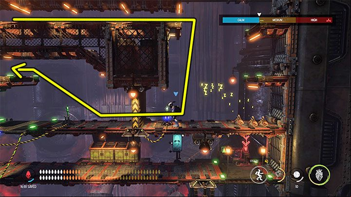On the new floor, leave the Mudokons next to the elevator and sneak to the left - Oddworld Soulstorm: Opening the 1st and the 2nd gate, Brewery - walkthrough - 16: Brewery - Oddworld Soulstorm Guide