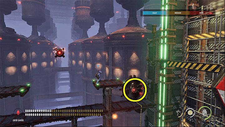 We need to head towards the higher shelves and use Fizzy Pow to destroy ages and unlock the path - Oddworld Soulstorm: Opening the 1st and the 2nd gate, Brewery - walkthrough - 16: Brewery - Oddworld Soulstorm Guide