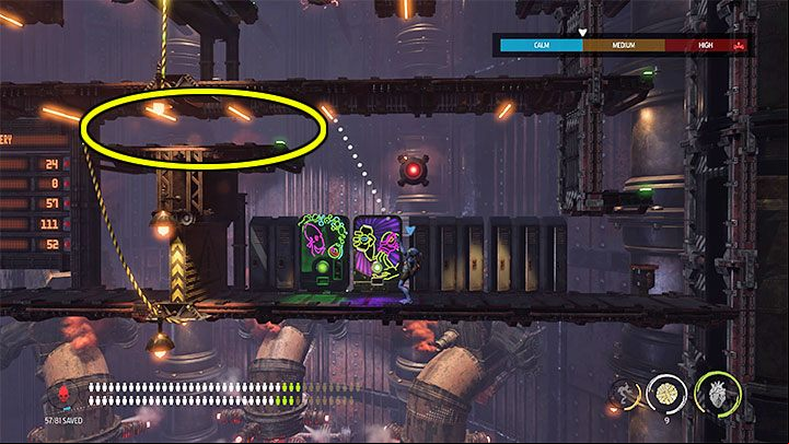 More Sligs are waiting at the lower level and, once again, it's a good idea to throw candy at them (use the first candy to attack the Slig while avoiding the risk of dropping down completely) - Oddworld Soulstorm: opening the last Gate, Brewery - walkthrough - 16: Brewery - Oddworld Soulstorm Guide