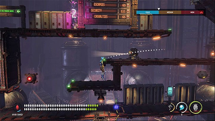 Head to the left alone and wait until the patrolling Slig turns in the opposite direction before you pull the lever - Oddworld Soulstorm: opening the last Gate, Brewery - walkthrough - 16: Brewery - Oddworld Soulstorm Guide
