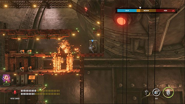 After the barricade is destroyed, extinguish the flames and move to the right - Oddworld Soulstorm: Activating 5 Brewing Chambers - walkthrough - 17: Eye of the Storm - Final - Oddworld Soulstorm Guide