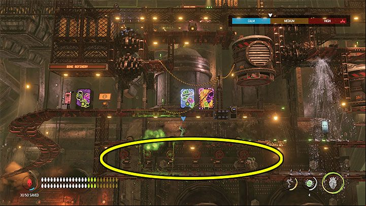 Before you leave this place, examine the lowest corridor shown in the picture, which you can reach by turning off the flames after getting rid of the Sligs - Oddworld Soulstorm: Activating 5 Brewing Chambers - walkthrough - 17: Eye of the Storm - Final - Oddworld Soulstorm Guide