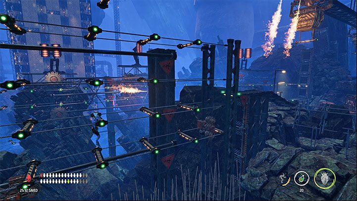 In the second puzzle, you start by grabbing onto a bar on the moving platform and letting go when you find yourself above a group of stationary bars - Oddworld Soulstorm: Descending to the Bone Processing, Necrum - walkthrough - 10: Necrum - Oddworld Soulstorm Guide