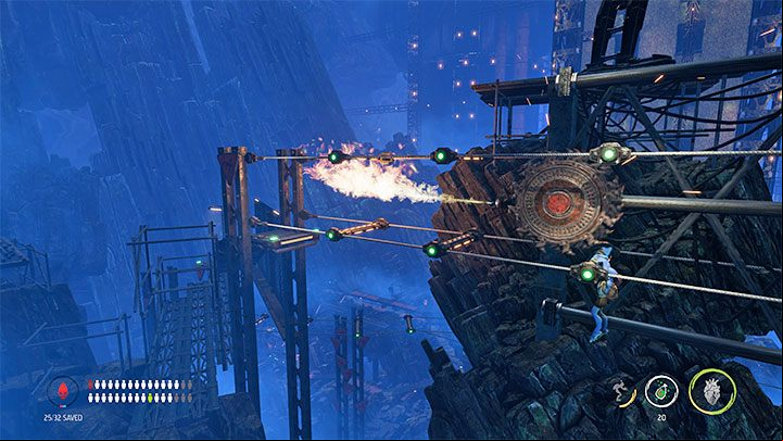In the case of this puzzle, you must avoid larger mechanisms with blades - Oddworld Soulstorm: Descending to the Bone Processing, Necrum - walkthrough - 10: Necrum - Oddworld Soulstorm Guide