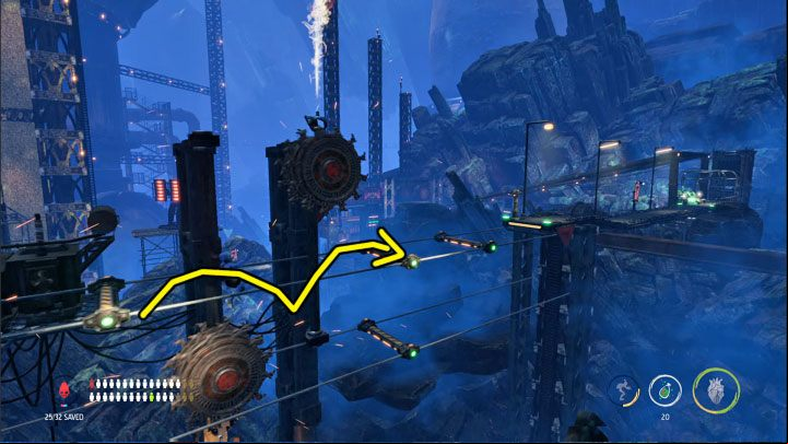 Again, you have to avoid with large spinning mechanisms, and in this case, the solution is double jumps - Oddworld Soulstorm: Descending to the Bone Processing, Necrum - walkthrough - 10: Necrum - Oddworld Soulstorm Guide