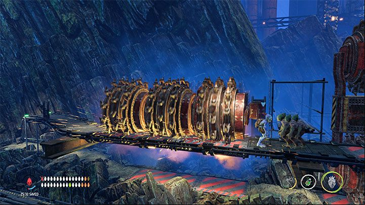 Carefully return to the bottom, recall 4 Mudokons and start going with them to the left - Oddworld Soulstorm: Descending to the Bone Processing, Necrum - walkthrough - 10: Necrum - Oddworld Soulstorm Guide