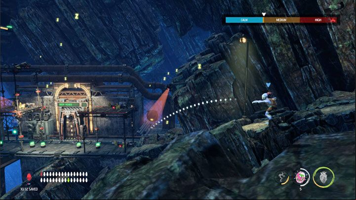 Prepare a Fizzy Pow or other offensive gadget and use it to attack the 2 nearest Sligs - Oddworld Soulstorm: Descending to the Bone Processing, Necrum - walkthrough - 10: Necrum - Oddworld Soulstorm Guide