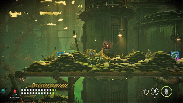 The elevator will stop halfway – use that to explore the area on the right - Oddworld Soulstorm: Comms Tower, Slig Barracks - walkthrough - 9: Slig Barracks - Oddworld Soulstorm Guide