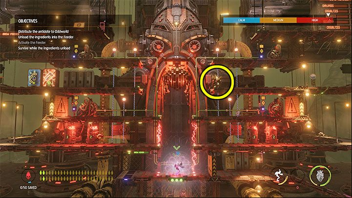 Once the fight begins, you cannot move Abe, because you won't be able to access the side platforms because of red discharges - Oddworld Soulstorm: Activating the Feeder, Eye of the Storm - walkthrough - 17: Eye of the Storm - Final - Oddworld Soulstorm Guide