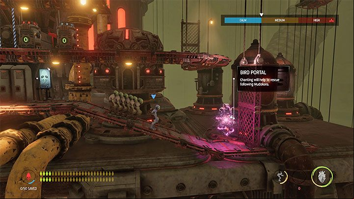 We must defend ourselves until we defeat all the Sligs coming from the guard houses - Oddworld Soulstorm: Activating the Feeder, Eye of the Storm - walkthrough - 17: Eye of the Storm - Final - Oddworld Soulstorm Guide