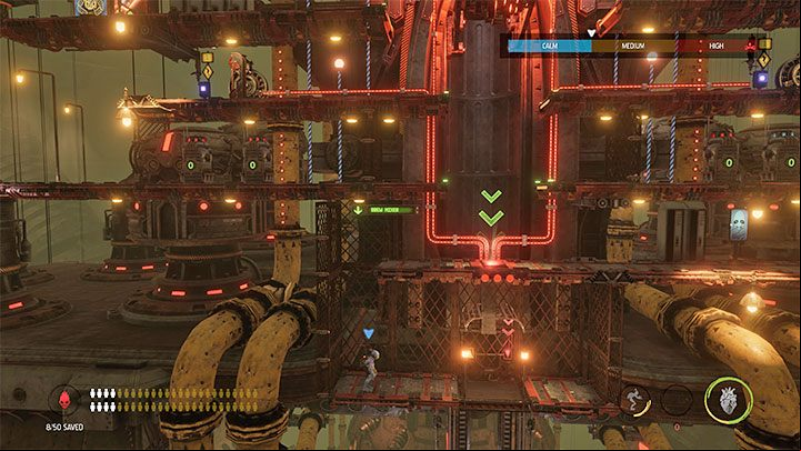 The exit from the Feeder location is situated under the red pressure plate, on which Abe stood earlier - Oddworld Soulstorm: Activating the Feeder, Eye of the Storm - walkthrough - 17: Eye of the Storm - Final - Oddworld Soulstorm Guide