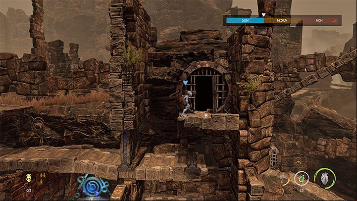 Once you reach the bell, send the Chi Orb towards it to unlock the age - Oddworld Soulstorm: Freeing pinned-down Mudokons, The Ruins - walkthrough - 2: The Ruins - Oddworld Soulstorm Guide