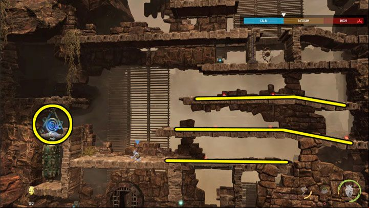 In the final part of The Ruins mission, there are two clashes to get through, which consist in protecting the escaping Mudokons - Oddworld Soulstorm: Protecting other Mudokons, the Ruins - walkthrough - 2: The Ruins - Oddworld Soulstorm Guide