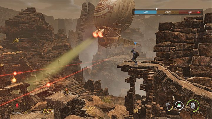 The more difficult part of the sequence is ahead of us - we have to go through two large locations, where Abe must simultaneously deal with Sligs, snipers (red beams) and blimp shelling - Oddworld Soulstorm: Crossing the Sligs territory, The Blimp - walkthrough - 3: The Blimp - Oddworld Soulstorm Guide