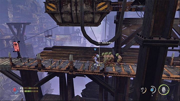 The sixth sick Mudokon is located on one of the upper platforms - Oddworld Soulstorm: Healing sick Mudokons, the Funicular - walkthrough - 4: The Funicular - Oddworld Soulstorm Guide