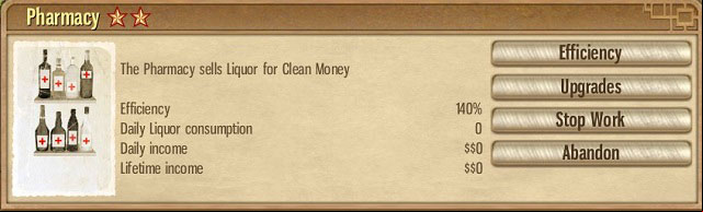 Pharmacies get you clean money, but require a constant supply of alcohol. - Expanding the Mob Empire - Strategy - Omerta: City of Gangsters - Game Guide and Walkthrough