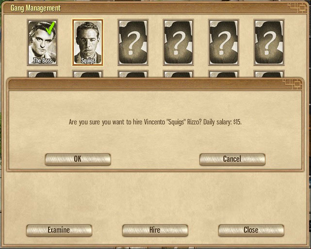 The displays all currently available gangsters. In the first mission, you can only use your character and Squigs. - Maine Ave - Act I - Omerta: City of Gangsters - Game Guide and Walkthrough