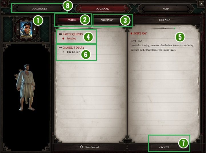 The above screenshot shows the journal contents of the individual hero - Game Interface in Divinity Original Sin 2 - Basics - Divinity Original Sin 2 Guide