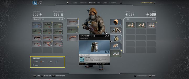 The inventory screen displays how many materials you currently have. - Outriders: Item Crafting - Basics - Outriders Guide