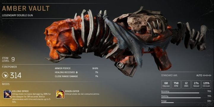 Each killing shot increases the damage dealt by a certain percentage (30% in the screenshot) - Outriders: Legendary Items - Basics - Outriders Guide