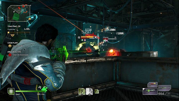 As soon as you open the door to the warehouse, you will immediately be attacked by more troops, including elite captains with freezing and defensive skills (Sanctuary) enabling them to place protective shields on the soldiers - these are the units you should eliminate first - Outriders: Chem Plant - Expedition, walkthrough - Expeditions - Outriders Guide