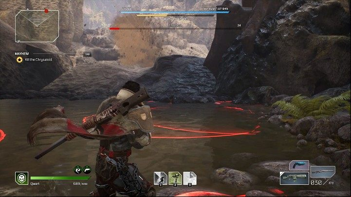 In the second stage of the fight, Chrysaloid receives a new ability - red circles appearing in the arena are a sign that certain areas of the battlefield are about to be flooded by falling rock pieces - Outriders: Chrysaloid boss fight - how to defeat the boss? - Bosses - Outriders Guide