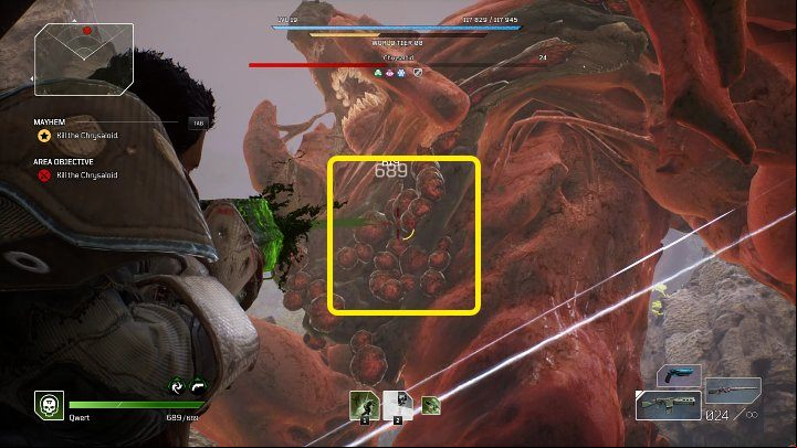 During the second stage of the fight, focus on shooting at the Chrysaloid's weak point, which is located on the abdomen - Outriders: Chrysaloid boss fight - how to defeat the boss? - Bosses - Outriders Guide