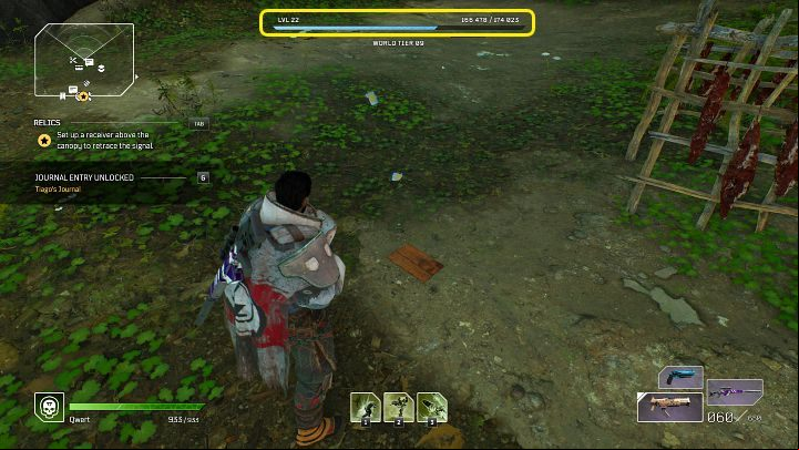 The current level, as well as the character's experience bar, is located at the top of the screen, above the World Tier bar, and is marked in the image above - Outriders: Character Development - Basics - Outriders Guide