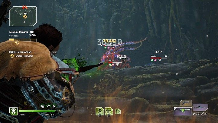 At this stage of the Marshland Caverns Expedition, you need to stand in the fire-marked area to charge the crystal, which will open a age to the rest of this location - Outriders: Marshland Caverns - walkthrough - Expeditions - Outriders Guide