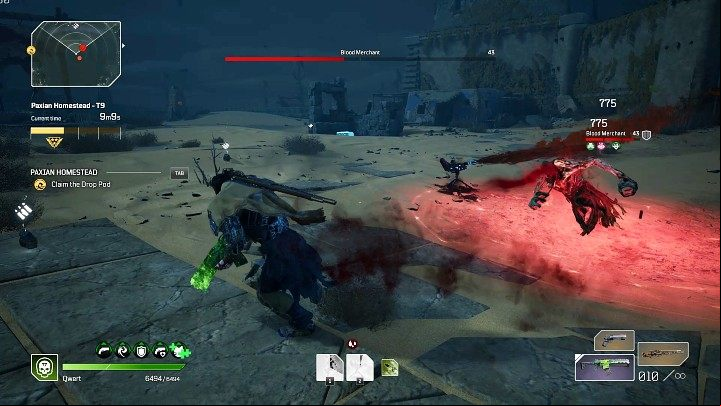 every once in a while, the Blood Merchant will activate a skill that will hurt you whenever you enter the areas marked in red - Outriders: Paxian Homestead - walkthrough - Expeditions - Outriders Guide