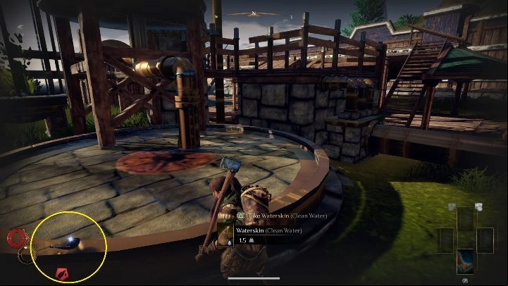 Waterskin can be found at the water filtering device in the first town - How to get clean water and Waterskin in Outward? - FAQ - Outward Guide