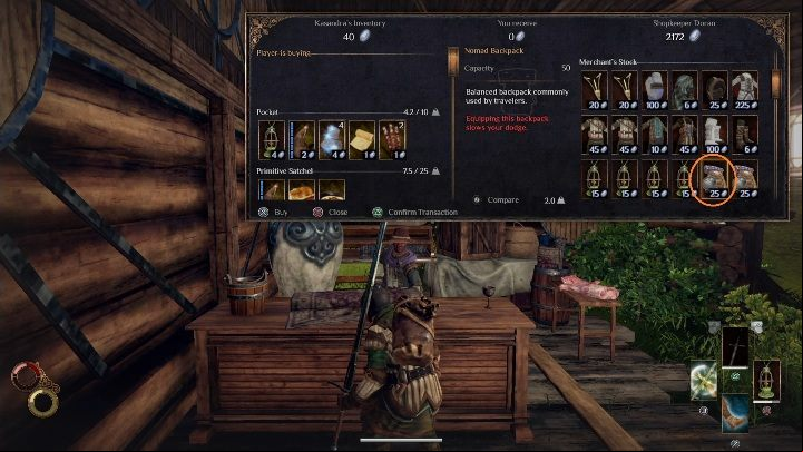 You can buy a new backpack for 25 silver at Shopkeeper Doran - My inventory is empty, what now? - FAQ - Outward Guide
