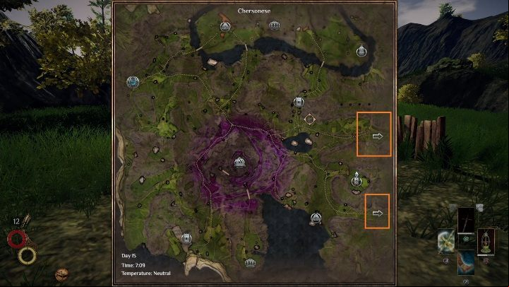 To reach another land you have to set off on a journey to the end of the map - in other words you have to reach the arrow at the end of the current map - How to travel between lands in Outward? - World Atlas - Outward Guide