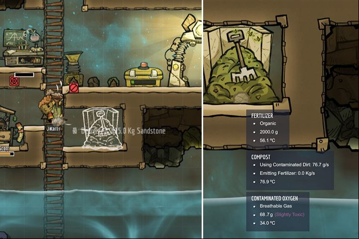 In this base, the water is very close to the starting location, which will make life easier for the duplicants. Building the compost will allow you to start producing fertilizer. - How to start? | Oxygen Not Included - The Beginning - Oxygen Not Included Game Guide
