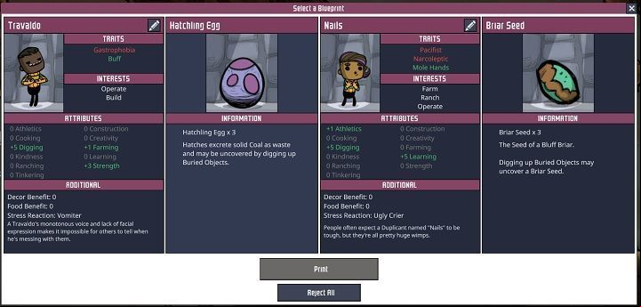 Usually, you can choose from three duplicants and one set of resources, but sometimes you can only select between duplicants or resources - How to start? | Oxygen Not Included - The Beginning - Oxygen Not Included Game Guide