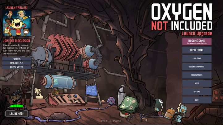 The starting menu connects you with basic options, such as resume game, new game, load game - Interface - Oxygen Not Included Game Guide